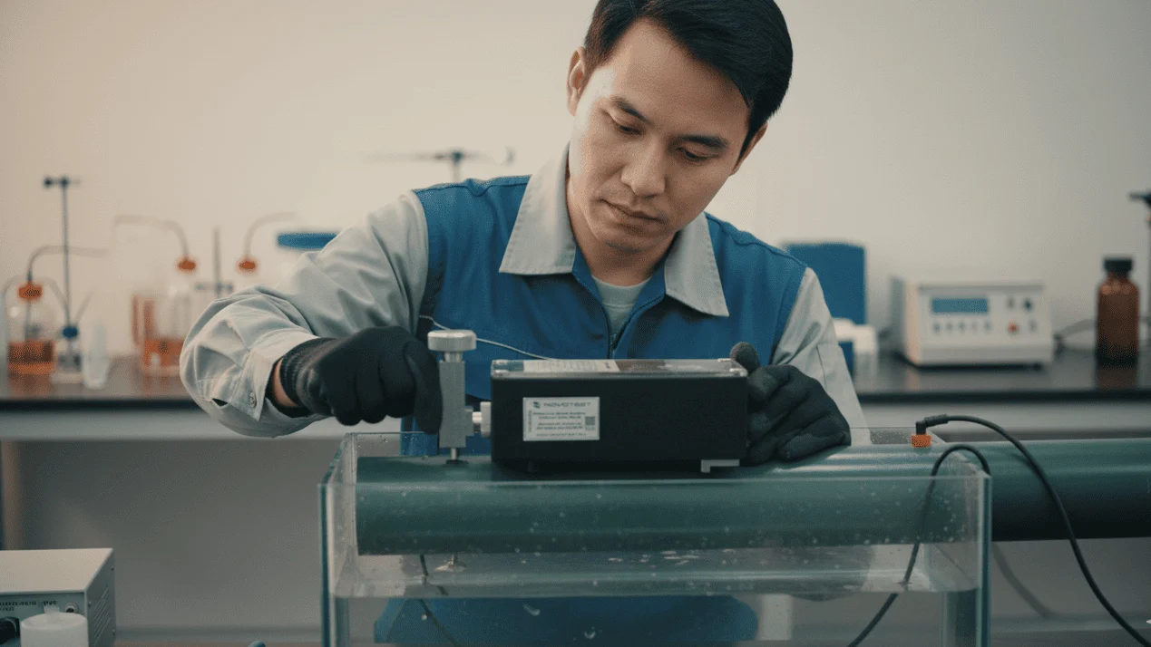 Adhesion Tester NOVOTEST SM-1M - alat penguji tarik untuk insulasi pipa di atas meja kerja.