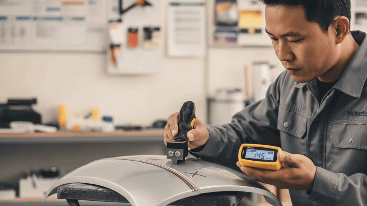 Coating Thickness Gauge NOVOTEST TPN-1 - alat pengukur ketebalan cat kecil dengan layar digital dan ujung tipis untuk tepi tajam.