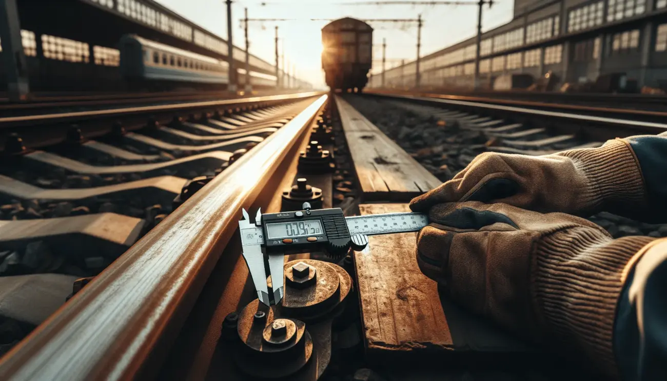 Alat ukur rel dipegang tangan pekerja bersarung tangan, disinari cahaya sore di atas baja rel kereta yang berkarat dan aus, menyelidiki penyebab tabrakan KRL.