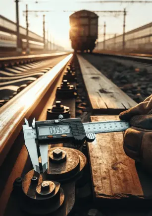 Alat ukur rel dipegang tangan pekerja bersarung tangan, disinari cahaya sore di atas baja rel kereta yang berkarat dan aus, menyelidiki penyebab tabrakan KRL.