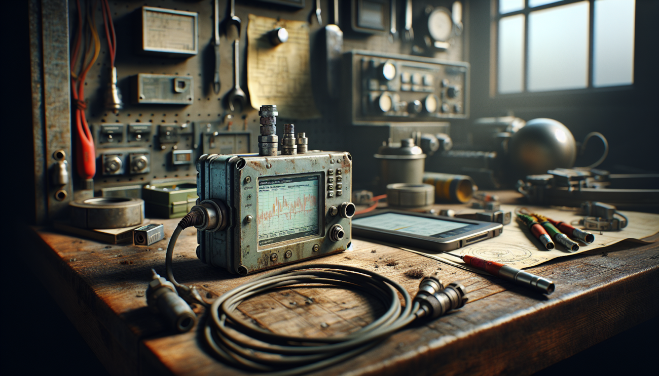 Close-up of a weathered railway sensor module and data acquisition unit on a workbench, displaying a graph for multi-parameter data integration and monitoring.