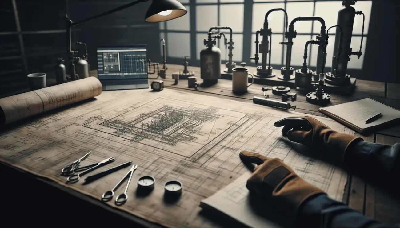 Professional engineer pointing to 'reservoir' section on a schematic for strategi pengendalian kualitas sumur gas raksasa.