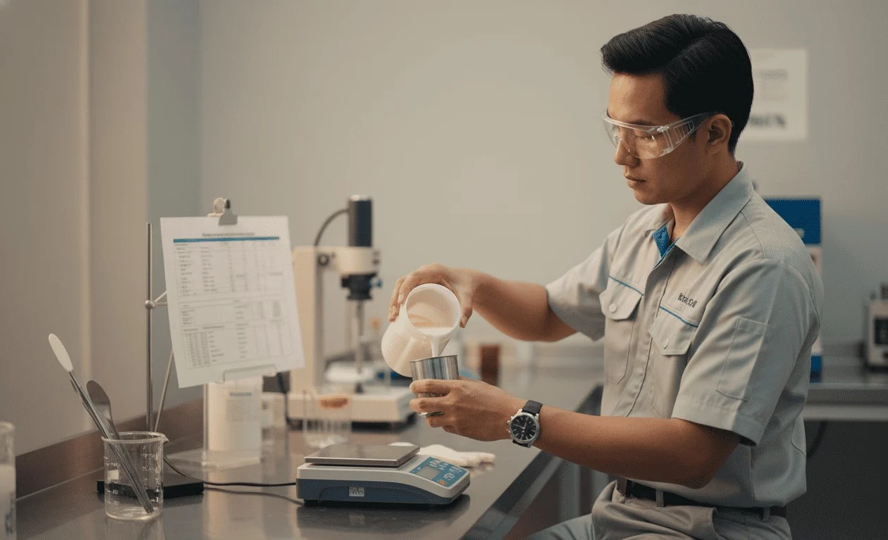 Proses pengujian densitas coating pada material epoxy standar ASTM D1475