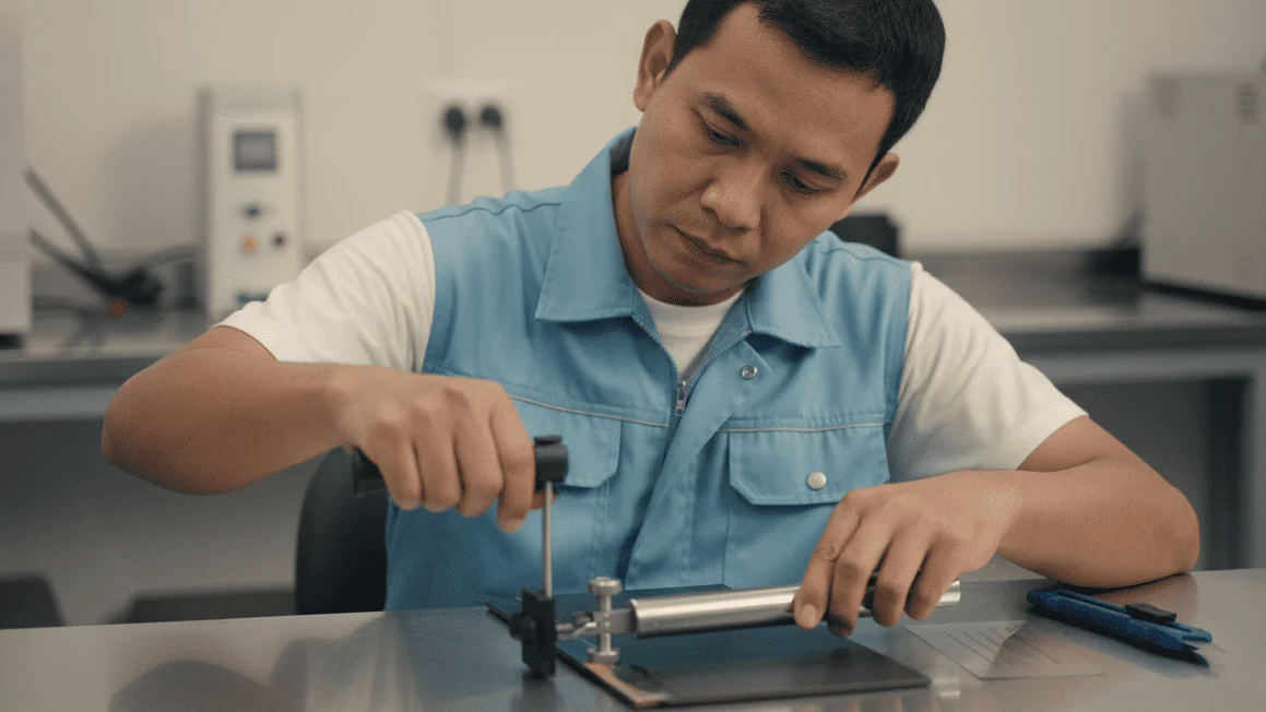 Peel Adhesion Tester NOVOTEST AP-1M - alat portabel untuk menguji kekuatan lekat lapisan pelindung pada permukaan logam.