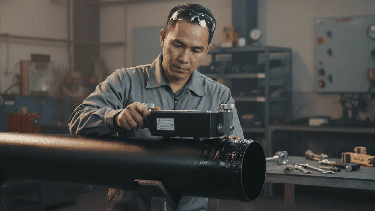 Bitumen dan Mastic Insulation Adhesion Tester NOVOTEST SM-1M - alat penguji portabel dengan dial gauge di permukaan logam berlapis.