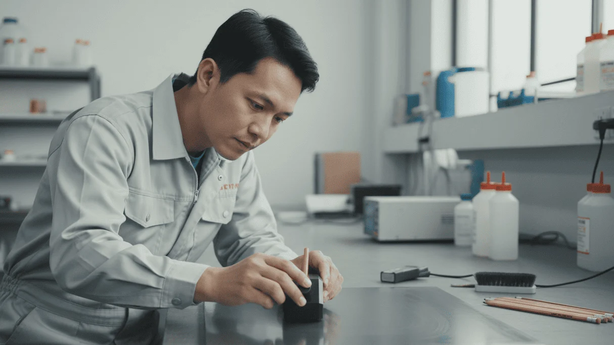 NOVOTEST TPK-1 Pencil Hardness Tester - alat penguji kekerasan lapisan dengan pensil di atas panel logam.