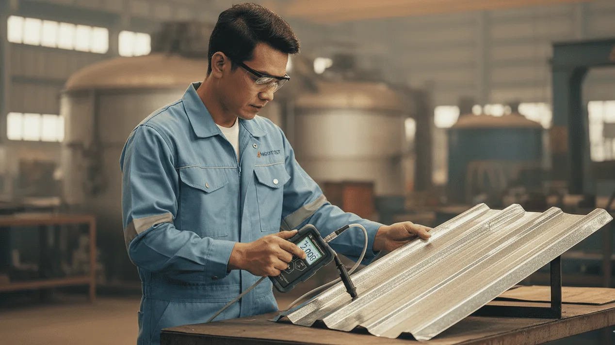 Uji ketebalan lapisan coating pada produk atap menggunakan coating thickness gauge novotest tp 1m sesuai standar ASTM A123