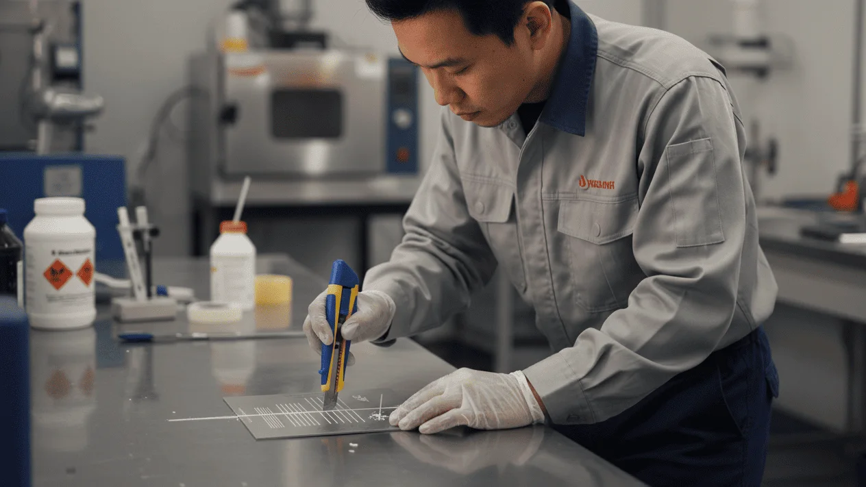 Pelat Adhesion Cross-Hatch NOVOTEST AH-AR - alat penguji ketahanan lapisan dengan pola kotak-kotak.