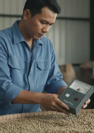 Aqua-Boy KAFIV - alat ukur kadar air kopi, handheld dengan layar digital dan sensor, di samping biji kopi.