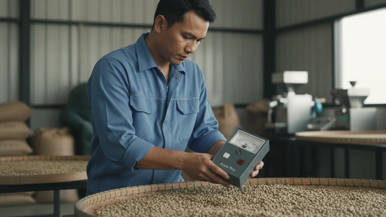 Aqua-Boy KAFIV - alat ukur kadar air kopi, handheld dengan layar digital dan sensor, di samping biji kopi.