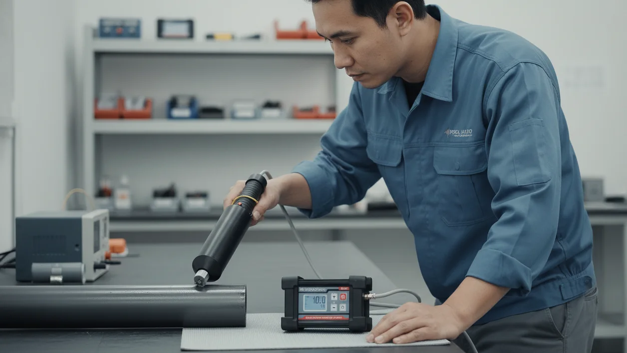 Pulse Holiday Detector NOVOTEST SPARK-1 - sedang menguji cacat coating pada permukaan logam