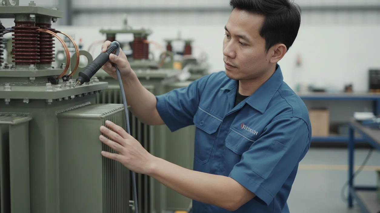 Mengukur ketebalan coating isolasi laminasi trafo lapisan cat pada transformator dengan alat ukur coating thickness gauge novotest probe f-2