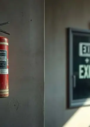 Fire extinguisher and exit sign on weathered auditorium wall, evaluating campus fire safety compliance at Binus University.