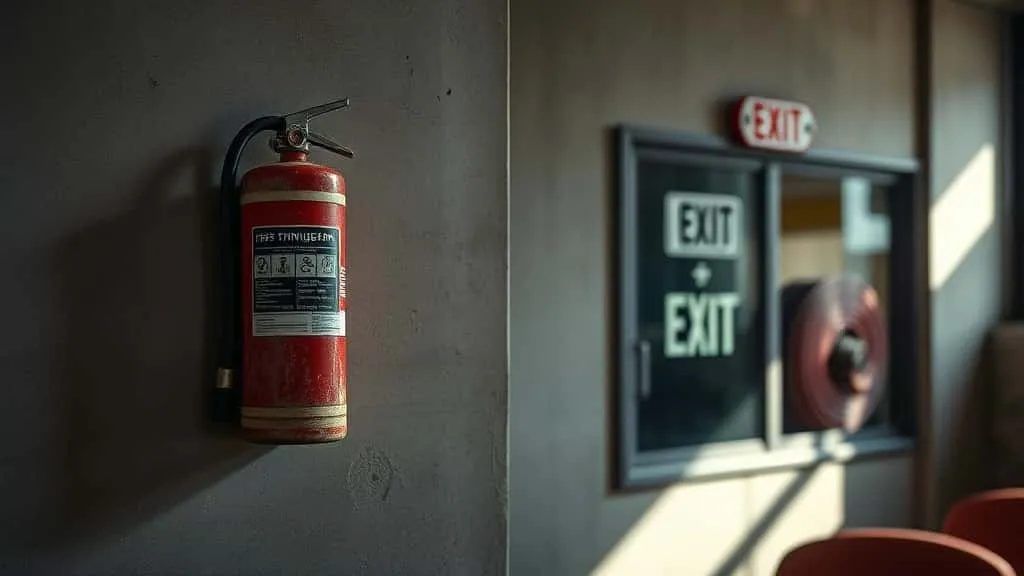 Fire extinguisher and exit sign on weathered auditorium wall, evaluating campus fire safety compliance at Binus University.