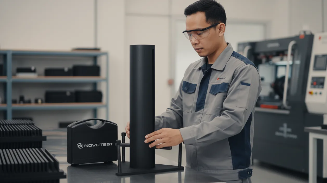 Impact Tester NOVOTEST STRIKE-U30630 - Alat uji dampak presisi untuk deteksi cacat coating, dengan tampilan digital dan mekanisme pukulan.